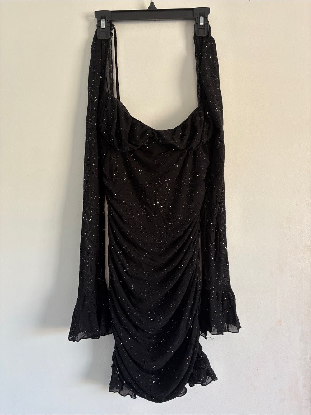 Black Sparkle Ruched Long-Sleeve Dress